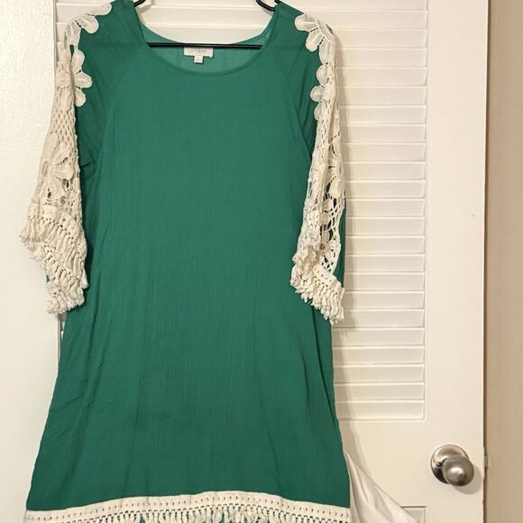 UMGEE Green Gauzy Tunic Top w Flower Crochet Sleeves Fringe Hem Cottagecore Lg - Picture 1 of 11